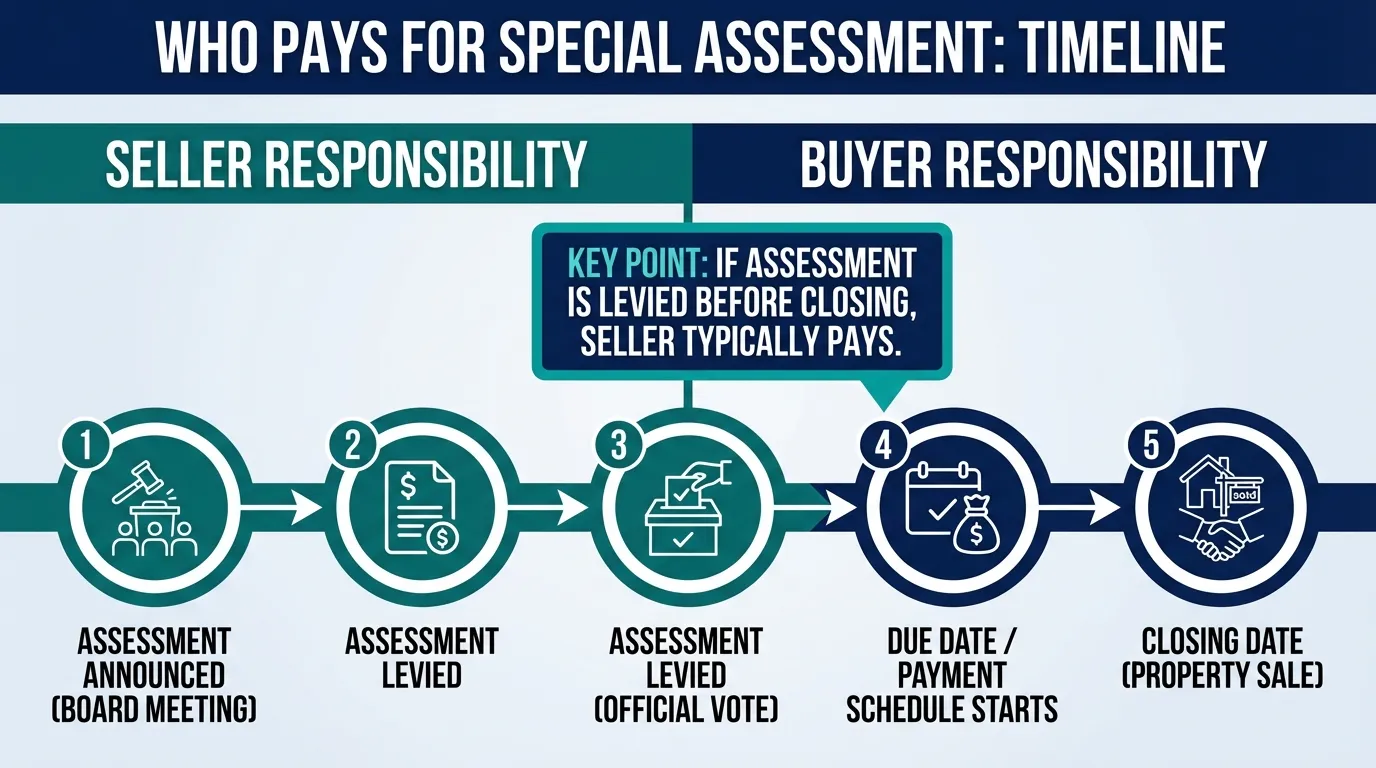 Timeline diagram showing who pays special assessments based on when assessment is levied relative to contract and closing
