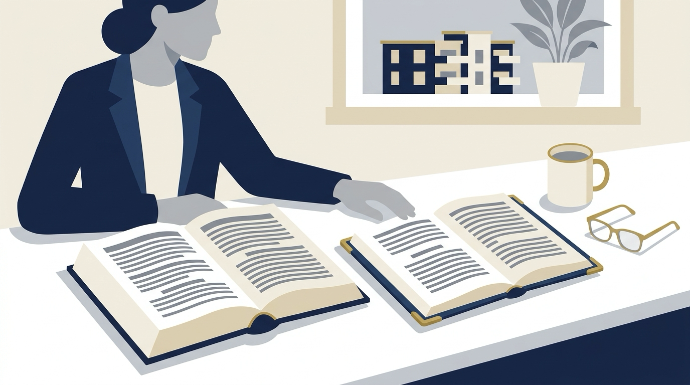 An illustration of a person at a desk with a recorded declaration and a statute volume open side by side, reading one against the other