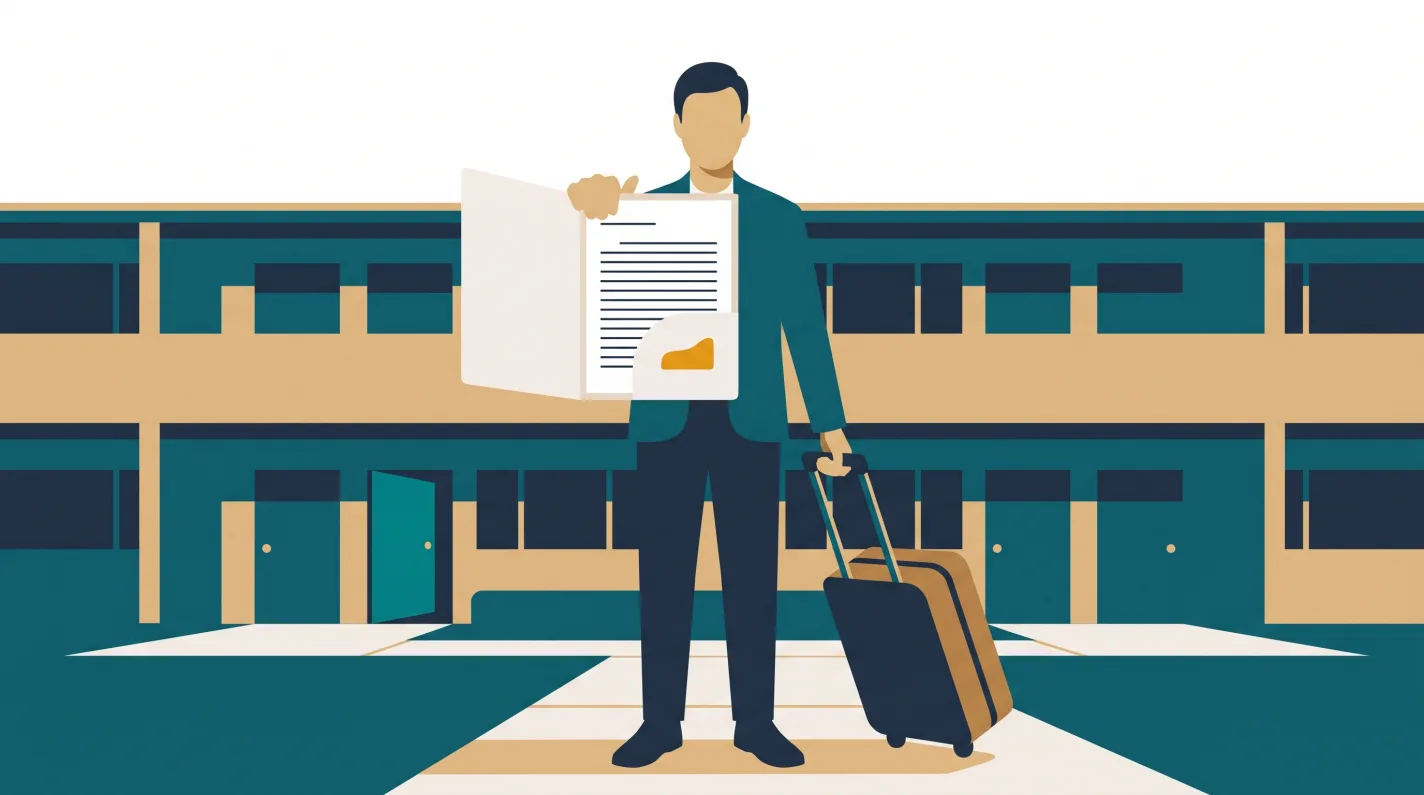 A person with a rolling suitcase stands on the walkway of a low-rise condo building, holding the HOA documents up toward the viewer