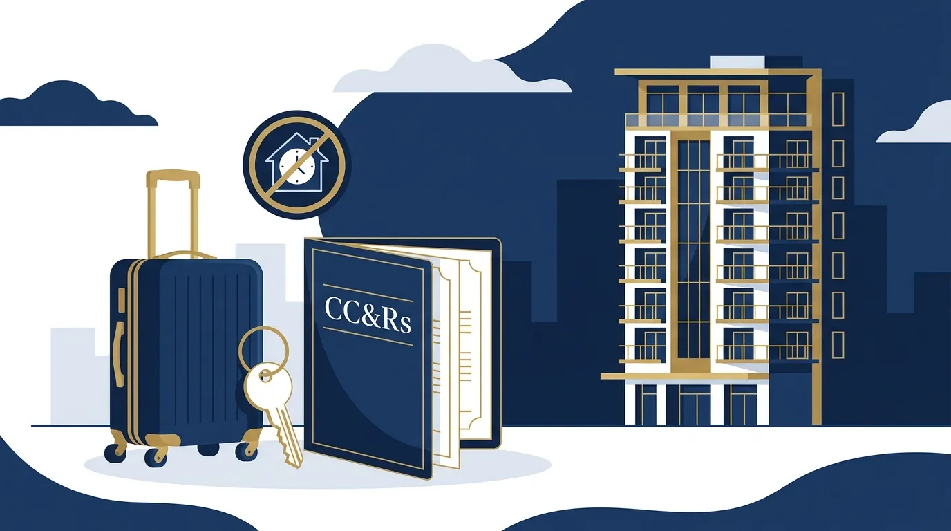 A condo building with a suitcase and house key in the foreground and an open CC&R declaration document, representing short-term rental restrictions