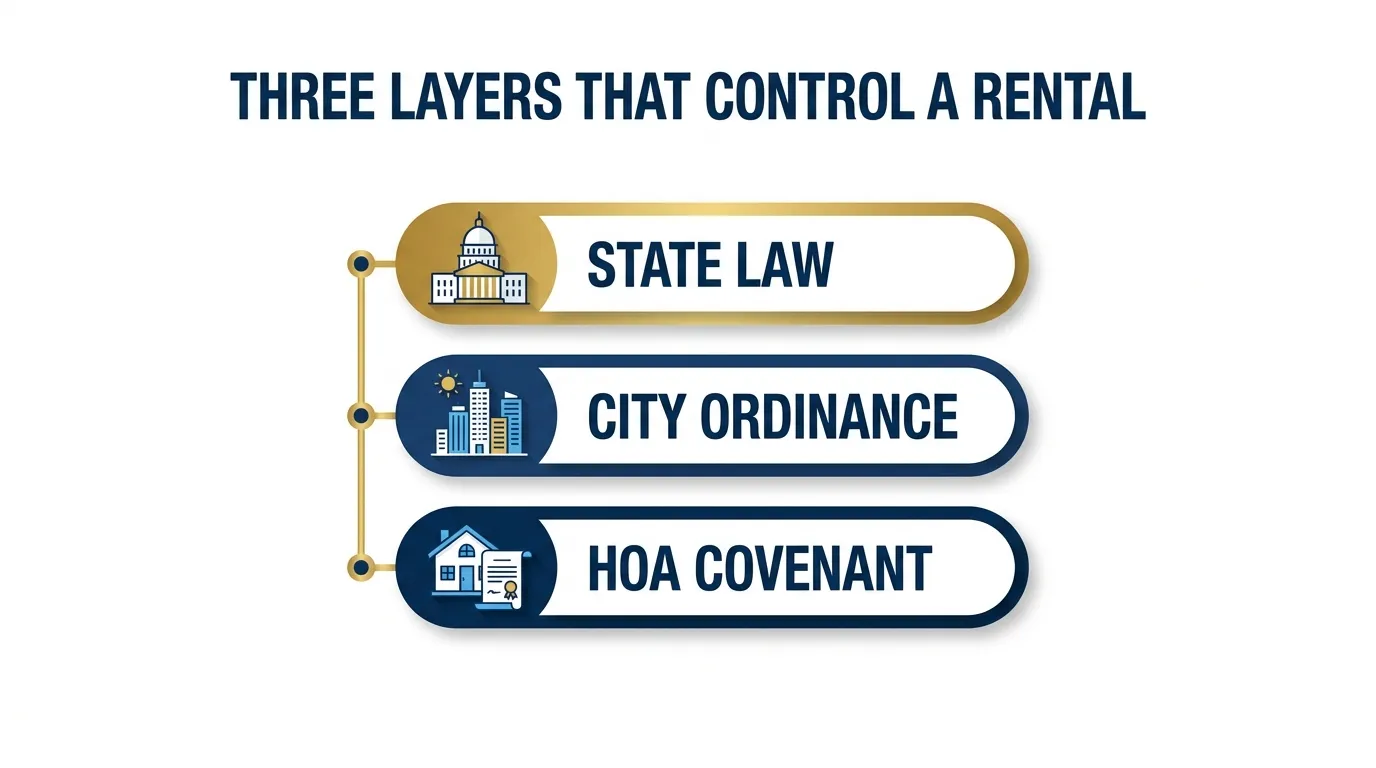 Infographic showing the three independent layers that govern a short-term rental: state law, city ordinance, and the HOA covenant, each able to restrict it separately