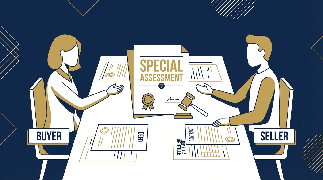 Buyer and seller at closing table with HOA special assessment document between them