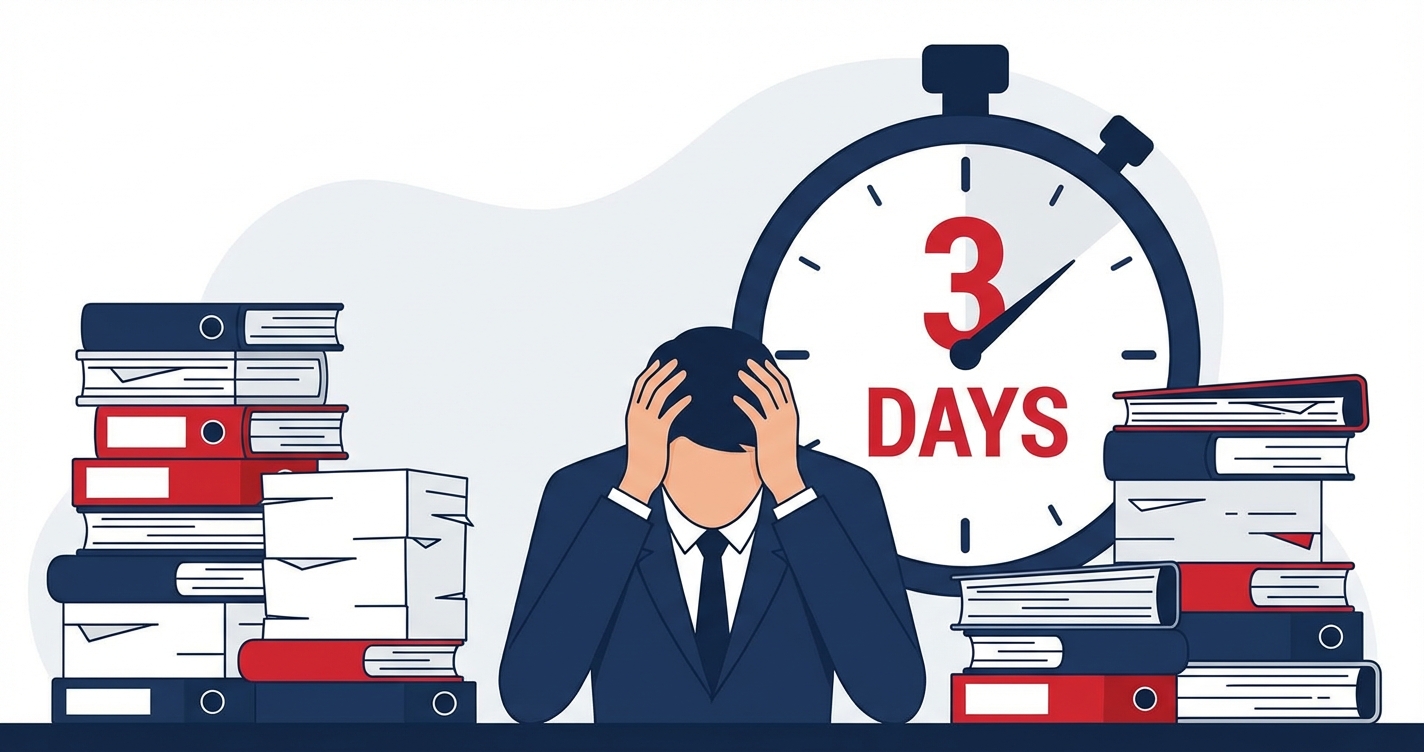 A stressed buyer surrounded by stacks of HOA documents with a 3-day countdown timer