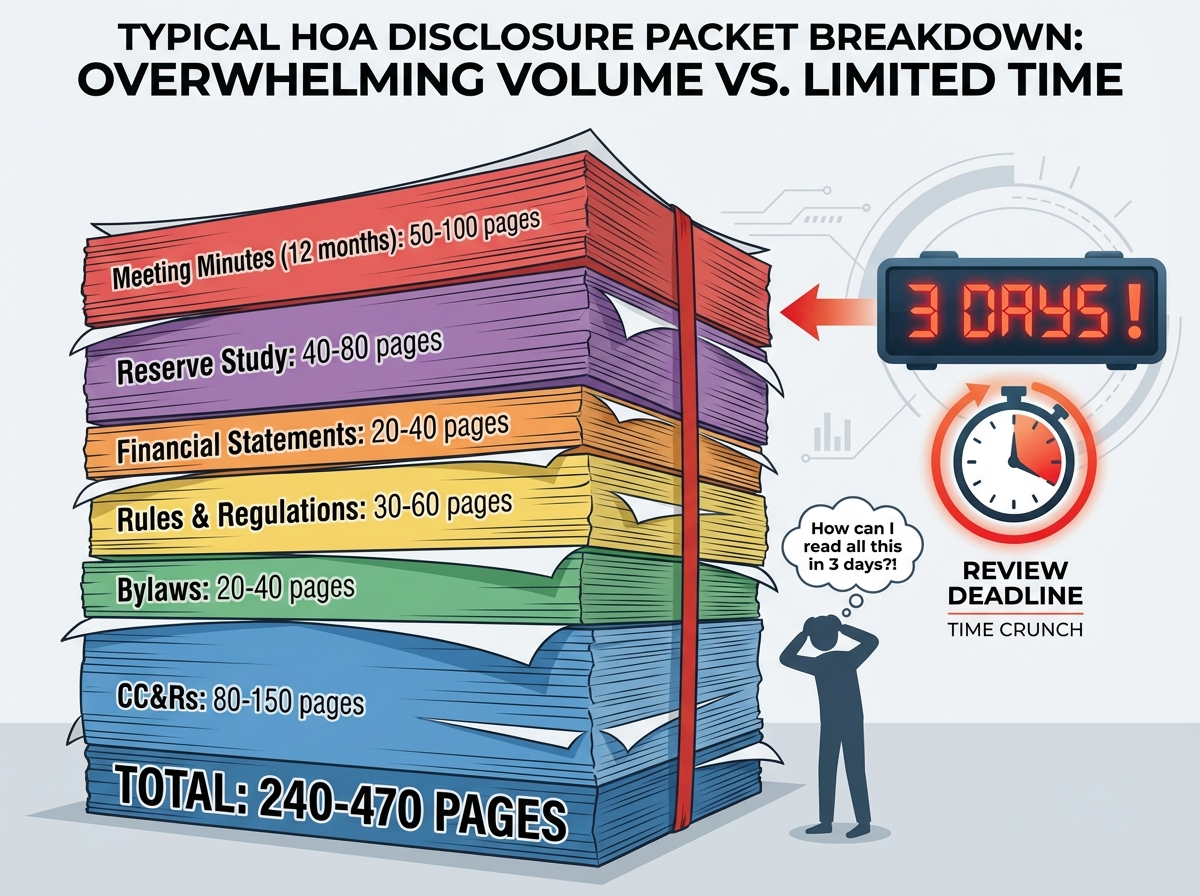 Typical HOA disclosure packet breakdown: CC&Rs 80-150 pages, Bylaws 20-40 pages, Financial statements 20-40 pages, Reserve study 40-80 pages, Meeting minutes 50-100 pages