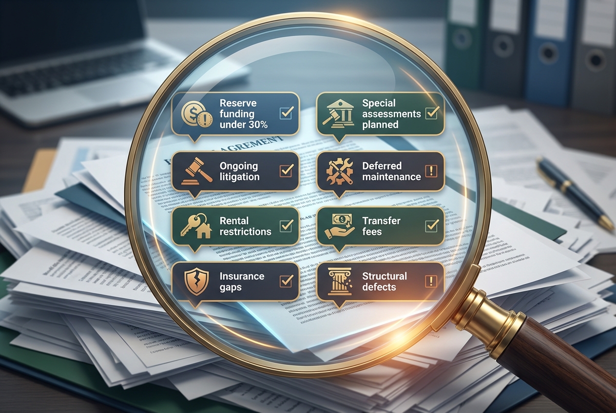 Critical items to find in HOA documents: reserve funding, special assessments, litigation, deferred maintenance, rental restrictions, transfer fees, insurance gaps, structural defects