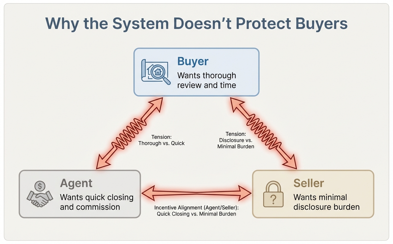 The misalignment triangle: buyers want thorough review, agents want quick closing, sellers want minimal disclosure