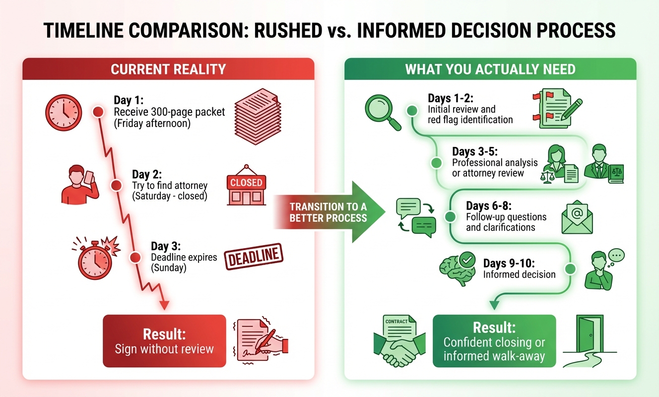 Timeline comparison: current 3-day reality (receive Friday, scramble Saturday, deadline Sunday, sign without review) vs what you actually need (10 days for review, analysis, questions, and informed decision)