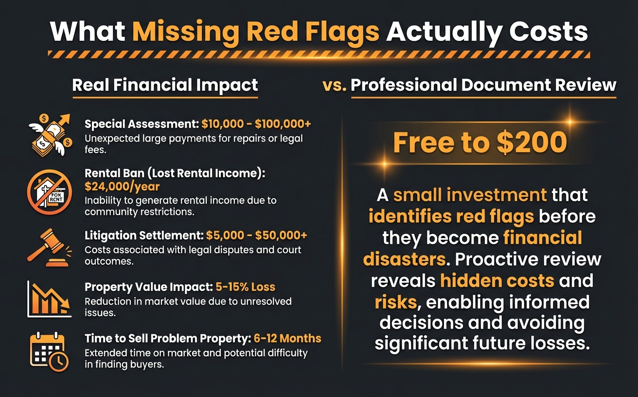 Cost of missing red flags: special assessment $10K-$100K+, lost rental income $24K/year, litigation settlement $5K-$50K+, property value impact 5-15% loss, vs professional review starting free
