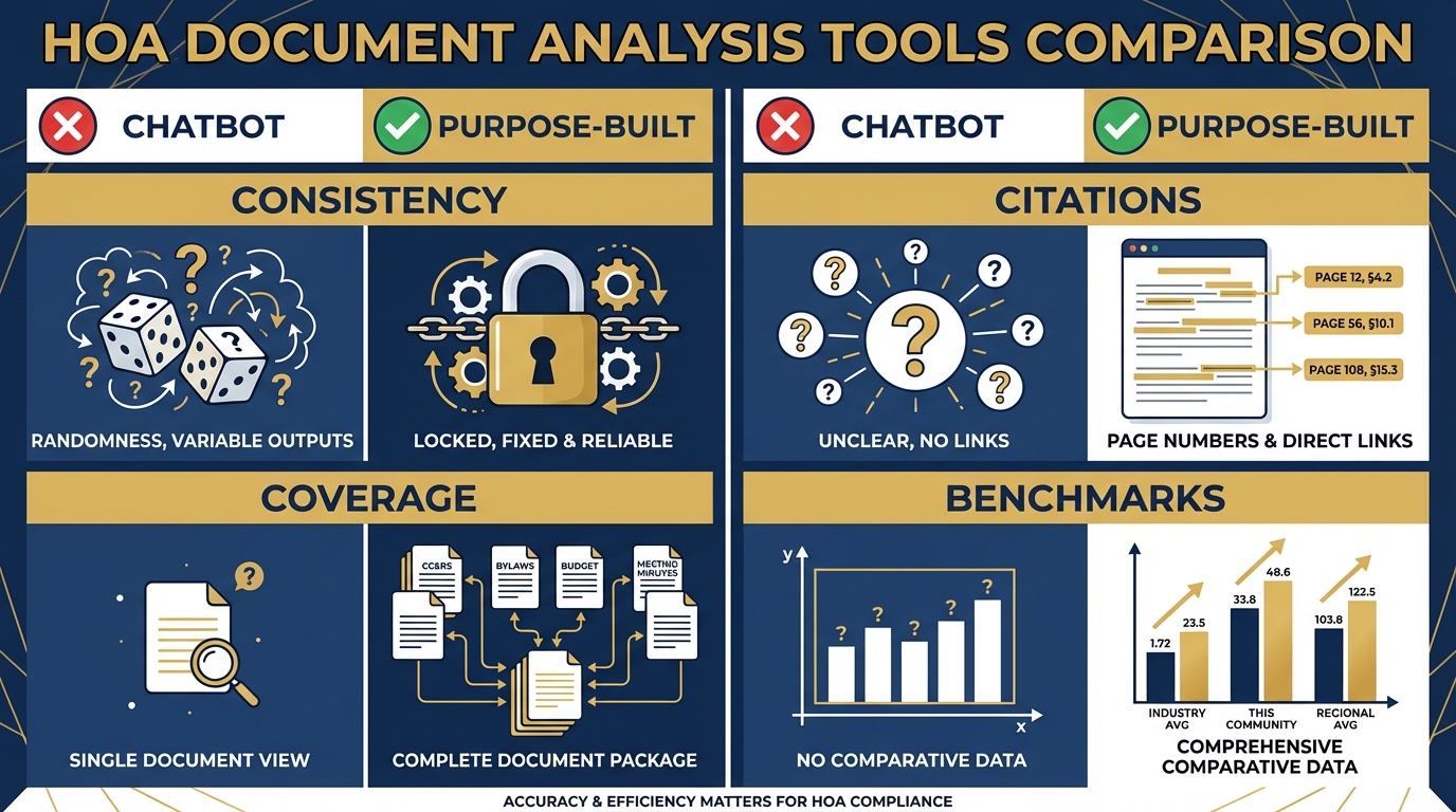 Comparison infographic: chatbot vs purpose-built tool across consistency, citations, coverage, and benchmarks