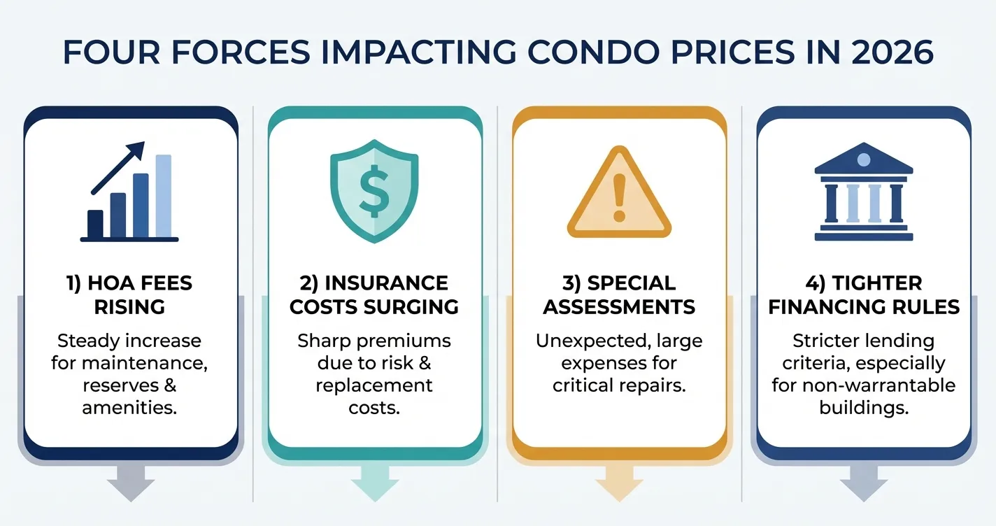Infographic showing why condo prices are falling: HOA fees, insurance, special assessments, and financing challenges