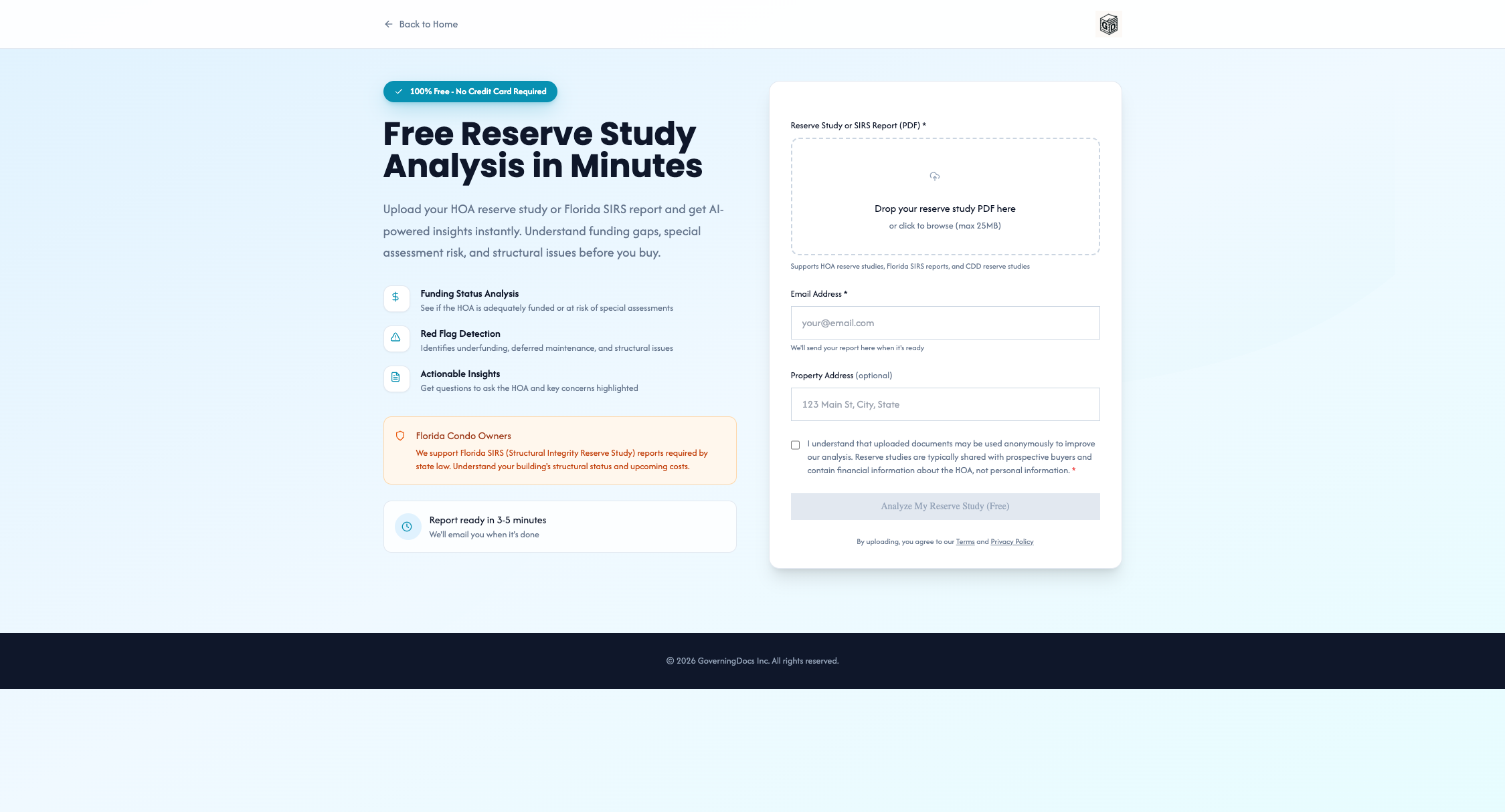 GoverningDocs Reserve Study Analysis Tool - Upload your HOA reserve study for AI-powered insights on funding status, red flags, and special assessment risk